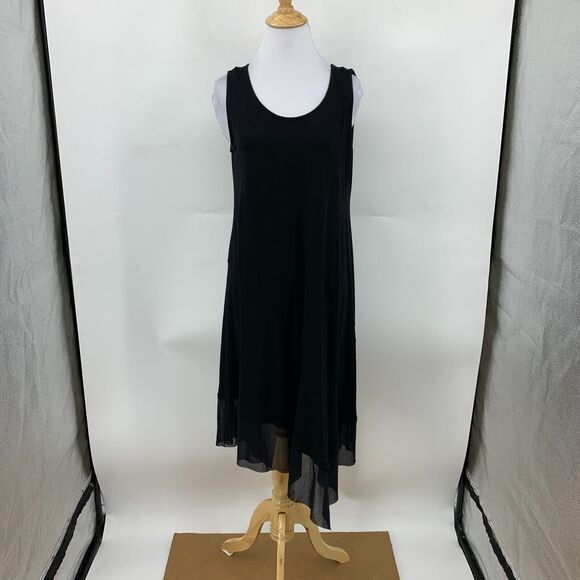 Eileen Fisher Midi Dress Womens PM Petite Black Semi Sheer Chiffon Asymmetrical - Picture 2 of 12
